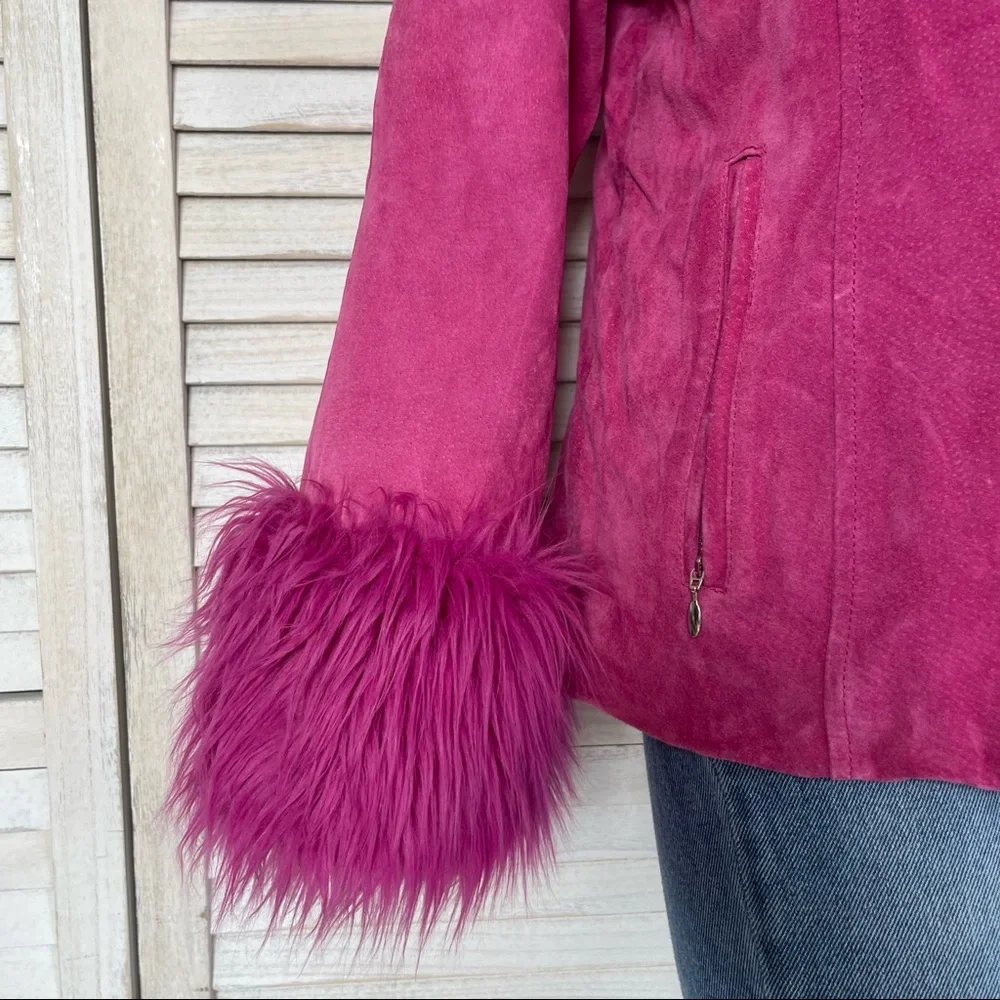 WILSONS LEATHER MAXIMA 90s PINK LEATHER W/ FAUX FUR TRIM COAT - Picture 6 of 14